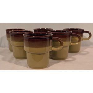 Vintage Studio Pottery Coffee Mugs Set of 6 Brown Green Drip Glaze